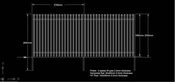 Drawing of 2.0m palisade fence
