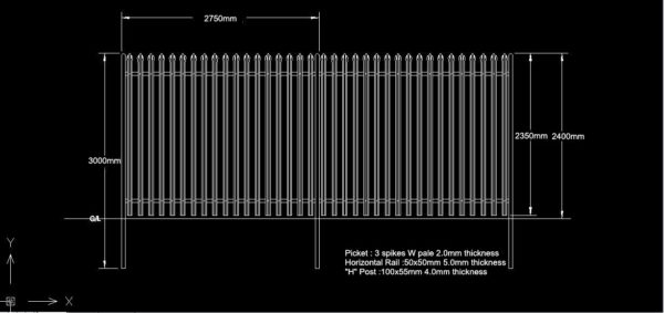 Drawing of 2.4m palisade fence